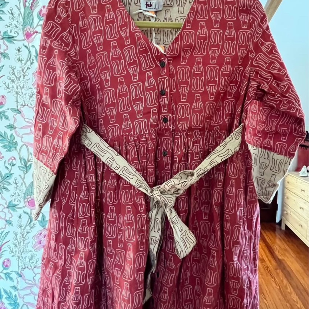 New FabIndia Indian Hand-Dyed Cotton Textile Babydoll Dress With Quirky Bottle P - Picture 2 of 6